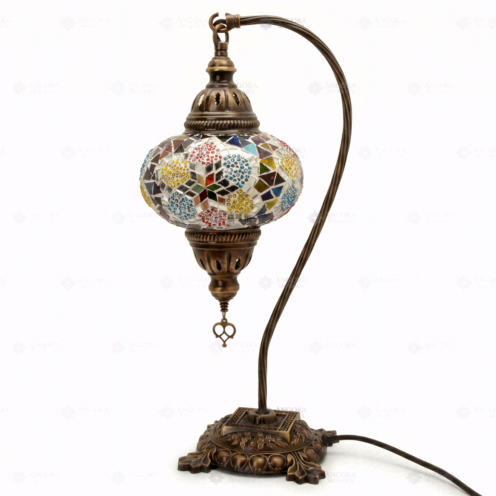Full view of handmade Multicolor multicolor jewel Turkish mosaic table lamp on white background (ENV DVN3091)