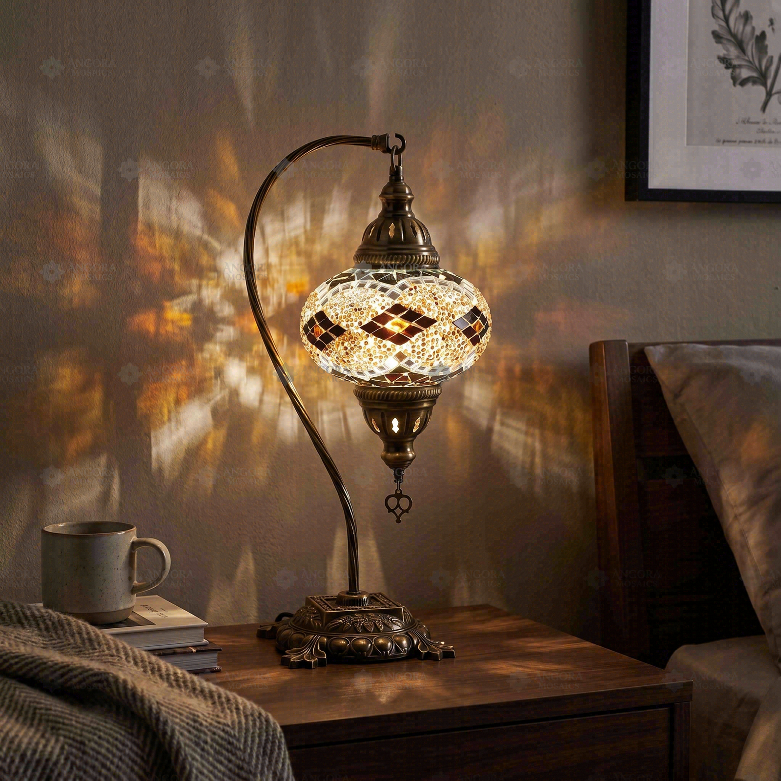 Amber warm amber Turkish mosaic table lamp in styled room — handmade Moroccan table lamp (ENV DVN3092)