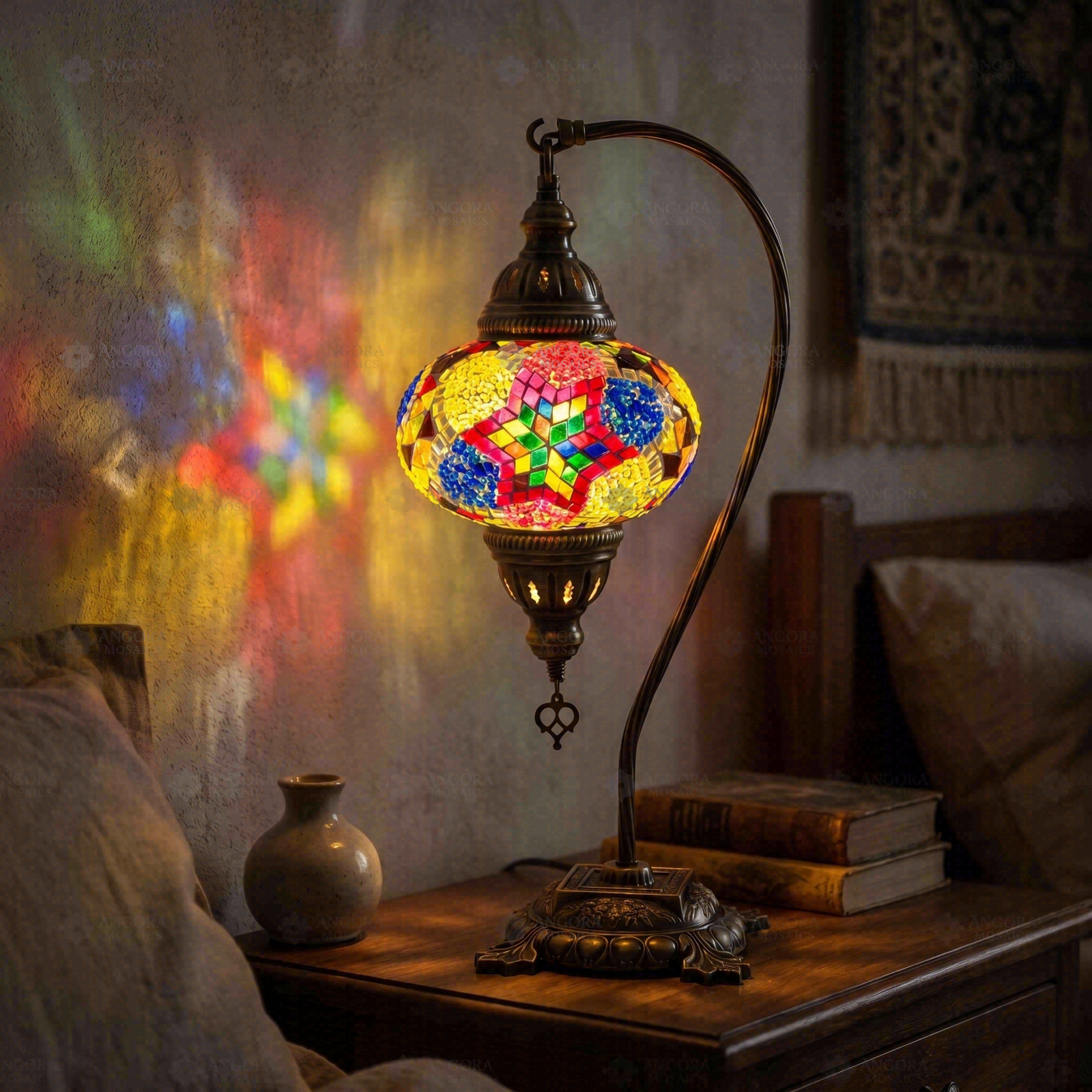 Multicolor multicolor jewel Turkish mosaic table lamp in styled room — handmade Moroccan table lamp (ENV DVN3093)