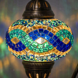 Lit close-up of mosaic glass globe — Blue table lamp glowing (ENV DVN3094)