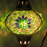 Lit close-up of mosaic glass globe — Green table lamp glowing (ENV DVN3096)
