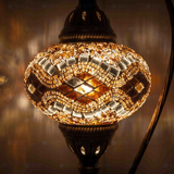 Lit close-up of mosaic glass globe — Amber table lamp glowing (ENV DVN3097)