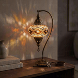 Amber warm amber Turkish mosaic table lamp in styled room — handmade Moroccan table lamp (ENV DVN3097)