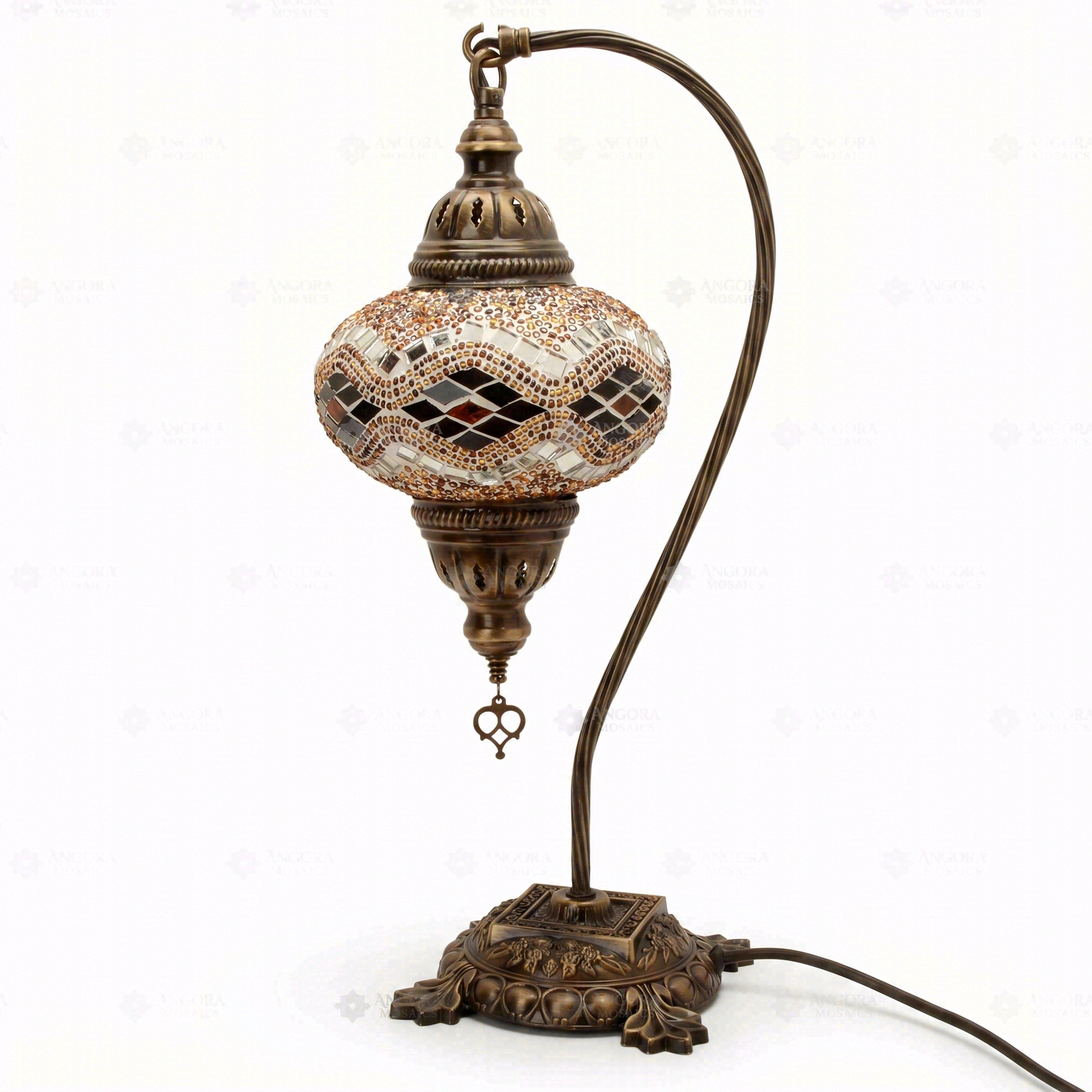 Full view of handmade Amber warm amber Turkish mosaic table lamp on white background (ENV DVN3097)