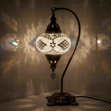 White Turkish mosaic table lamp illuminated, showing colorful light projection (ENV DVN3098)
