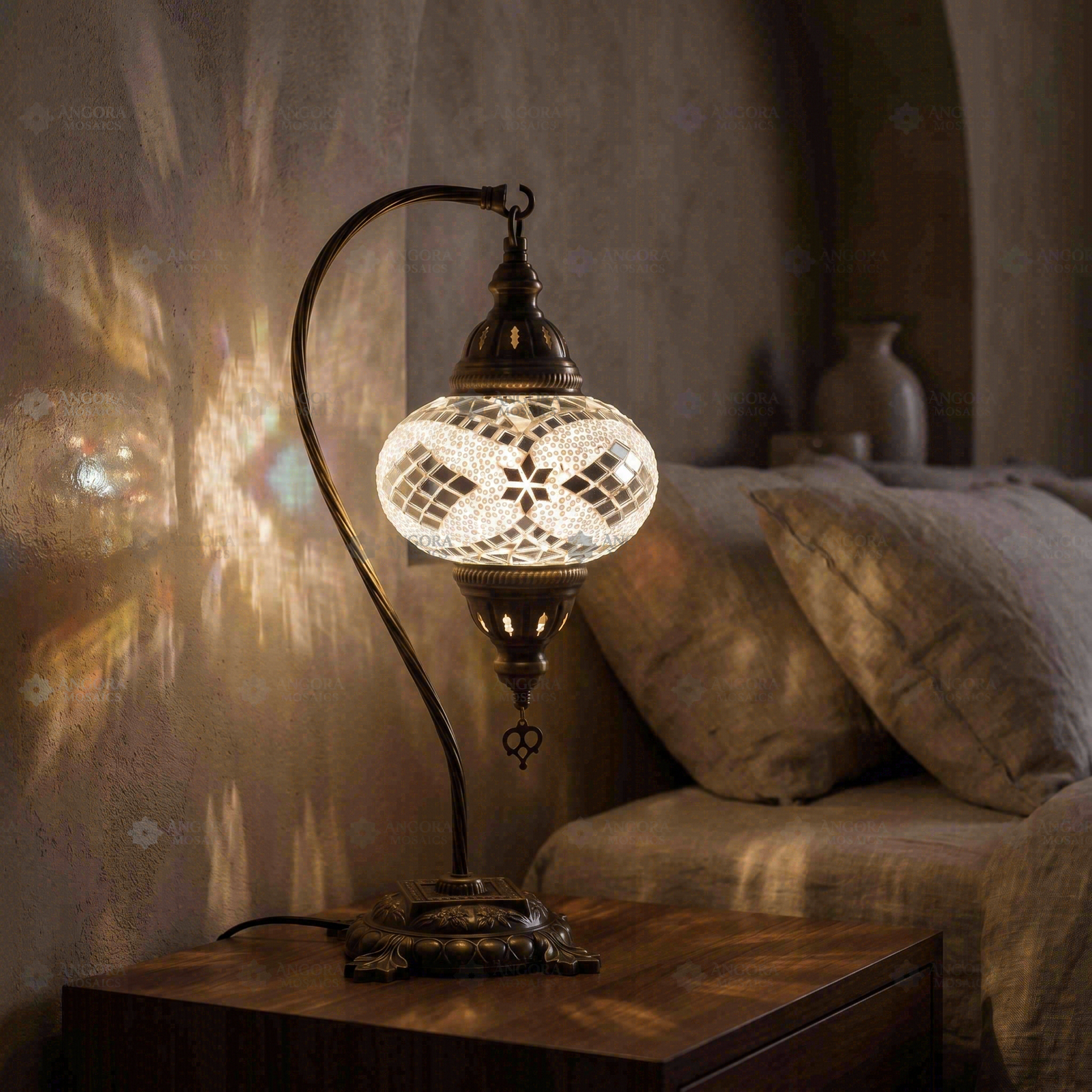 White white glow Turkish mosaic table lamp in styled room — handmade Moroccan table lamp (ENV DVN3098)