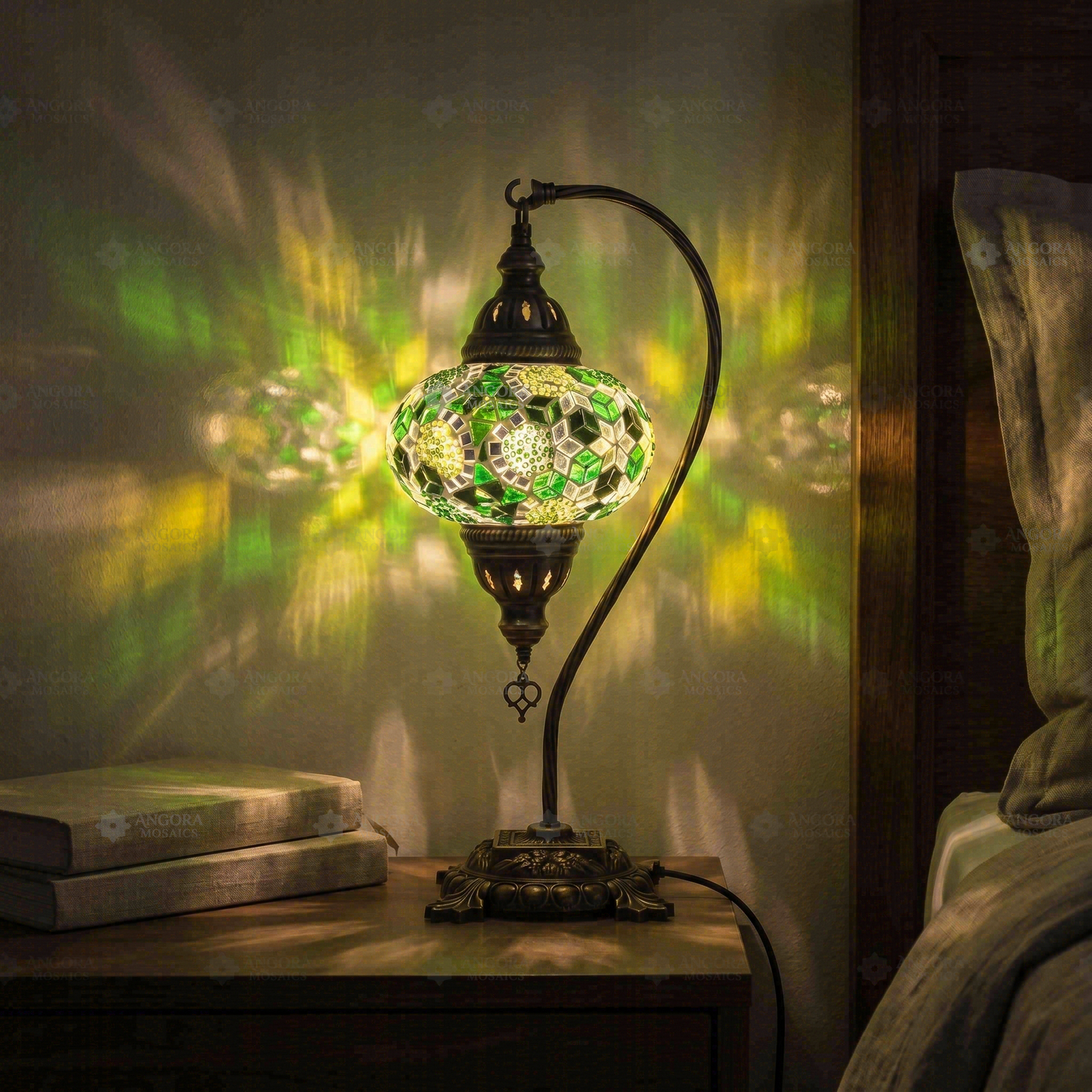 Green green jewel Turkish mosaic table lamp in styled room — handmade Moroccan table lamp (ENV DVN3100)