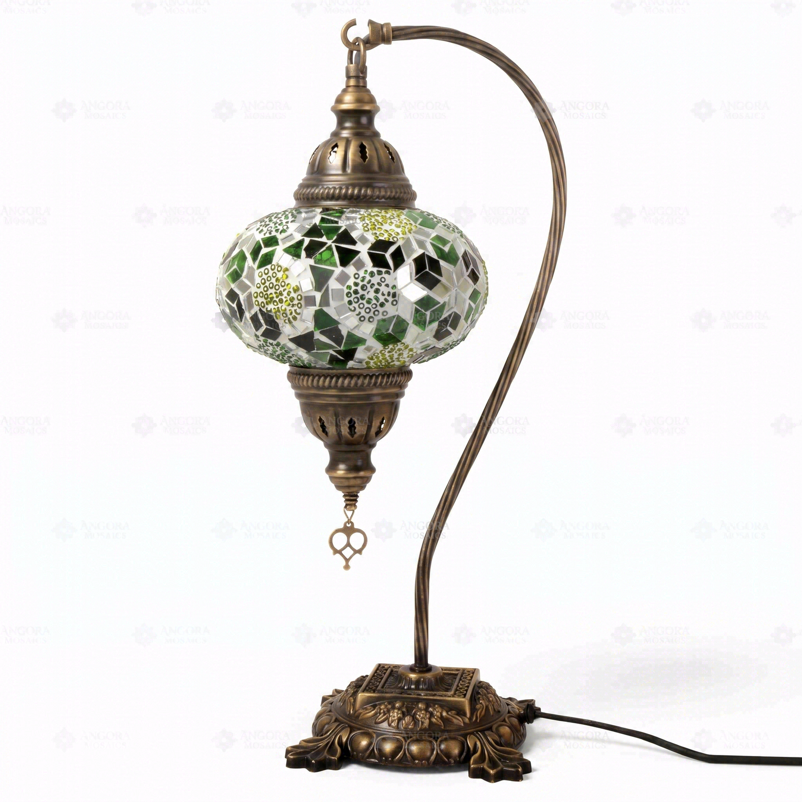 Full view of handmade Green green jewel Turkish mosaic table lamp on white background (ENV DVN3100)