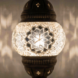 Lit close-up of mosaic glass globe — White pendant light glowing (ENV DYN1001)