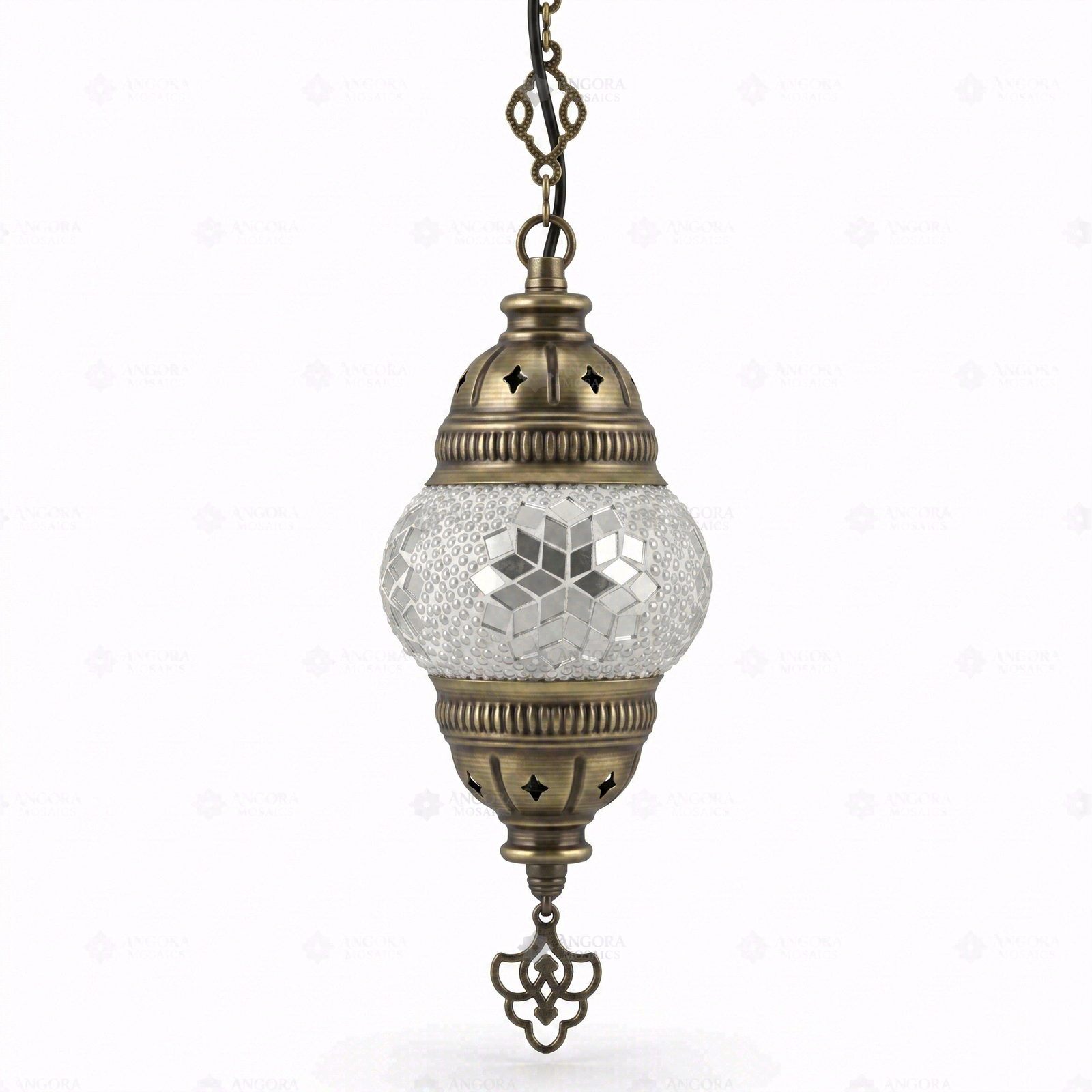 Full view of handmade White white glow Turkish mosaic pendant light on white background (ENV DYN1001)