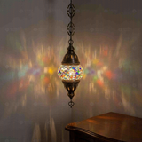 Multicolor Turkish mosaic pendant light illuminated, showing colorful light projection (ENV DYN1010)