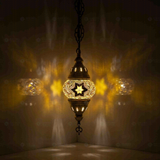 Clear Turkish mosaic pendant light illuminated, showing colorful light projection (ENV DYN1022)
