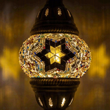 Lit close-up of mosaic glass globe — Clear pendant light glowing (ENV DYN1022)