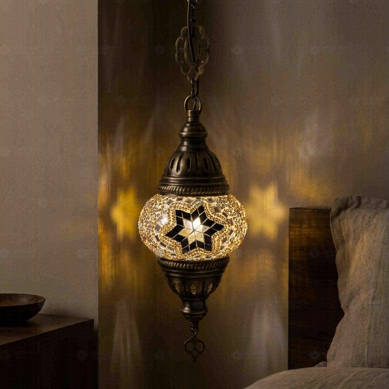 Clear clear neutral Turkish mosaic pendant light in styled room — handmade Moroccan pendant light (ENV DYN1022)