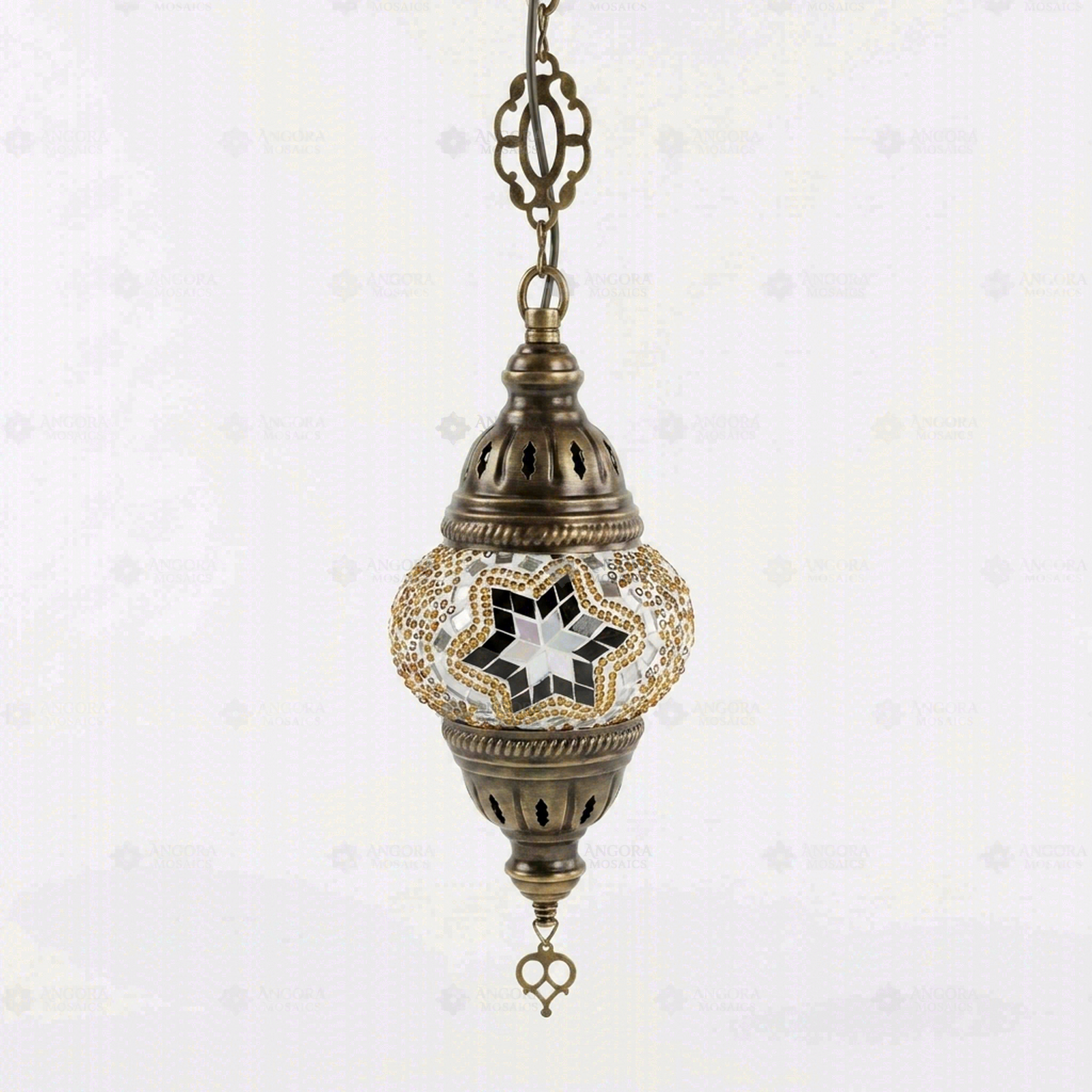 Full view of handmade Clear clear neutral Turkish mosaic pendant light on white background (ENV DYN1022)