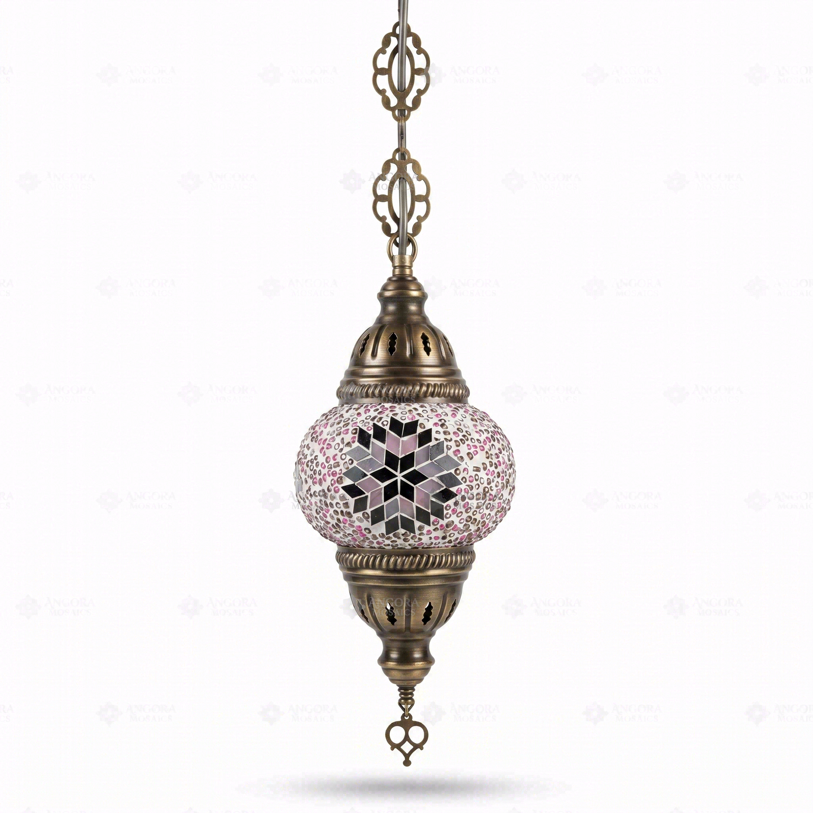 Full view of handmade Pink pink rose Turkish mosaic pendant light on white background (ENV DYN1034)