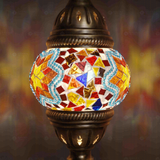 Lit close-up of mosaic glass globe — Multicolor pendant light glowing (ENV DYN1042)