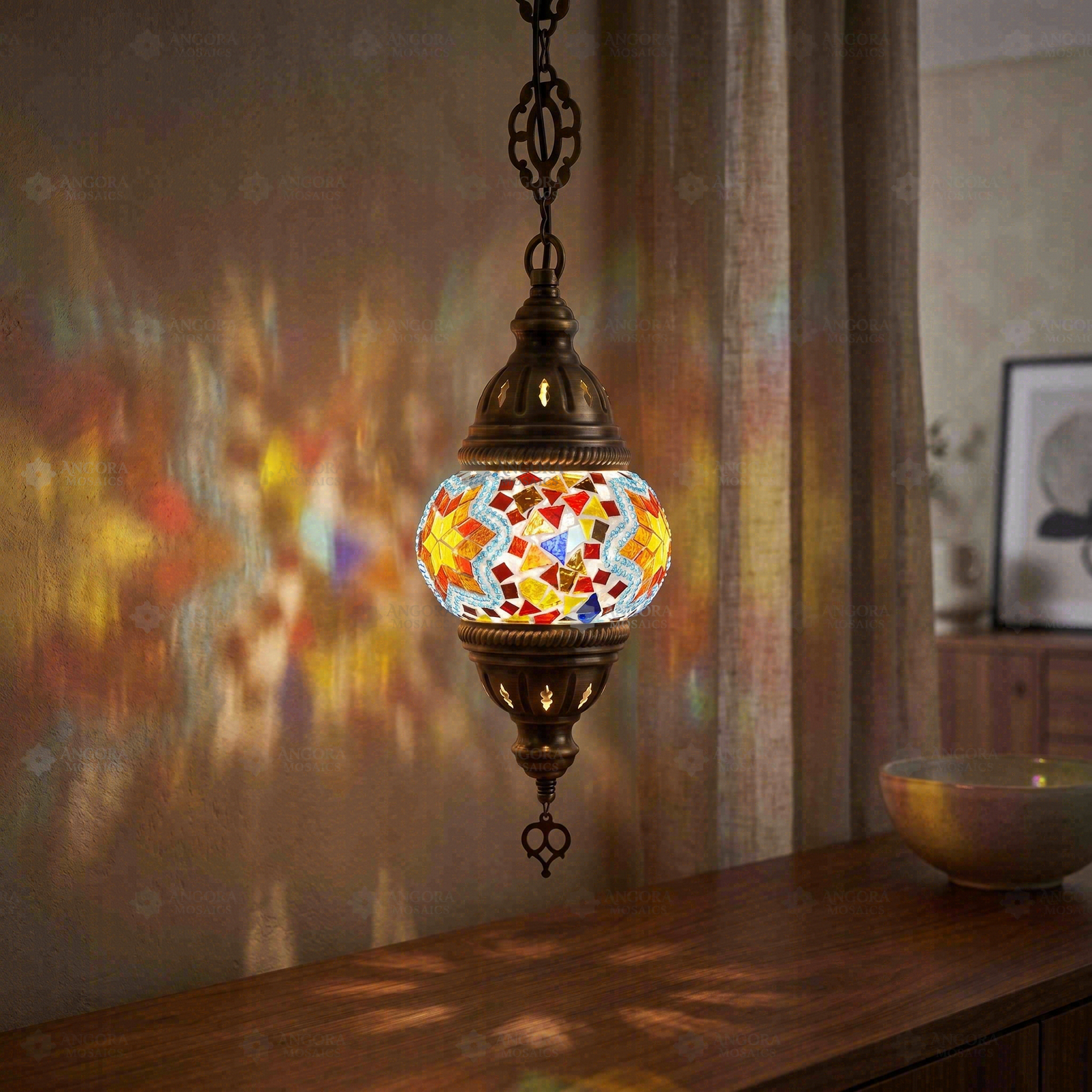 Multicolor multicolor jewel Turkish mosaic pendant light in styled room — handmade Moroccan pendant light (ENV DYN1042)