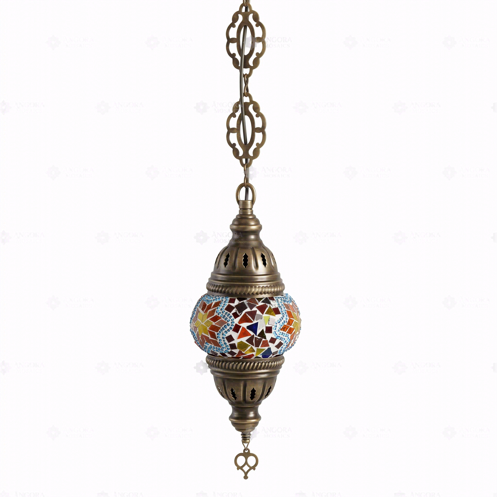 Full view of handmade Multicolor multicolor jewel Turkish mosaic pendant light on white background (ENV DYN1042)