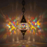 Multicolor Turkish mosaic pendant light illuminated, showing colorful light projection (ENV DYN1061)