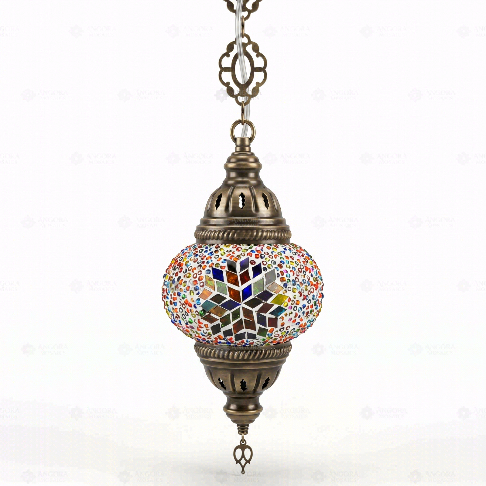Full view of handmade Multicolor multicolor jewel Turkish mosaic pendant light on white background (ENV DYN1061)