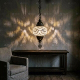 White white glow Turkish mosaic pendant light in styled room — handmade Moroccan pendant light (ENV DYN2001)