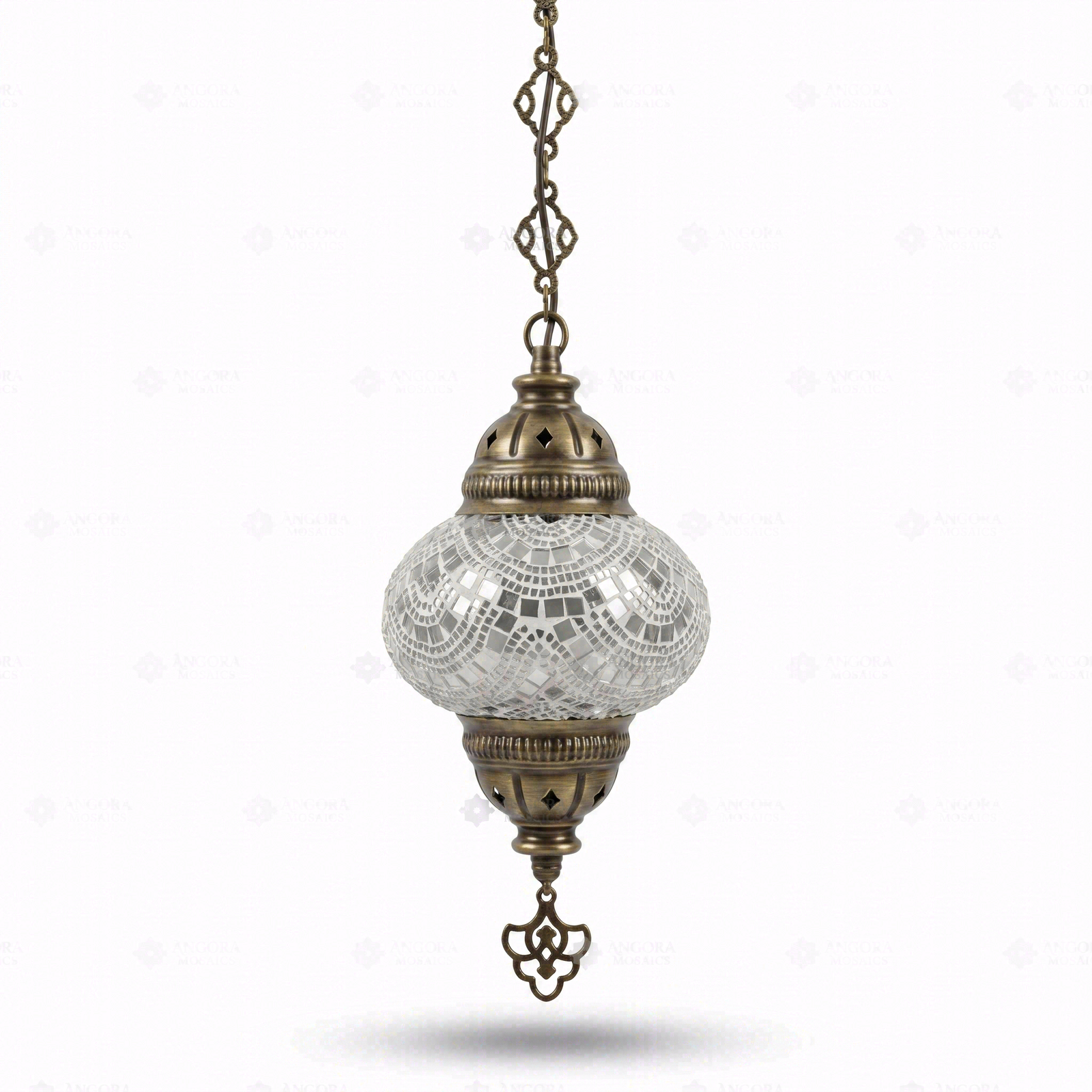 Full view of handmade White white glow Turkish mosaic pendant light on white background (ENV DYN2001)