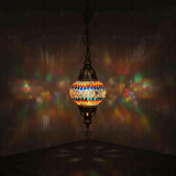 Multicolor Turkish mosaic pendant light illuminated, showing colorful light projection (ENV DYN2003)