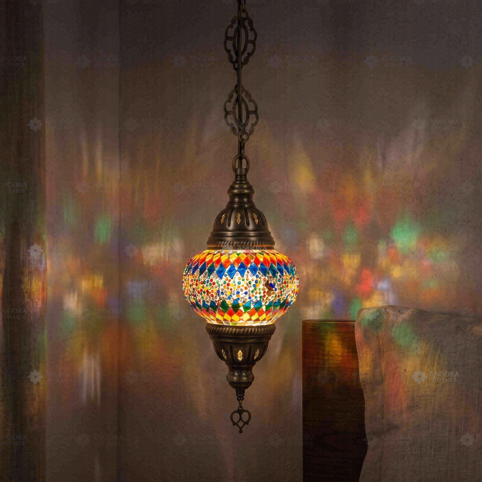 Multicolor multicolor jewel Turkish mosaic pendant light in styled room — handmade Moroccan pendant light (ENV DYN2003)