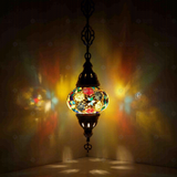 Multicolor Turkish mosaic pendant light illuminated, showing colorful light projection (ENV DYN2008)
