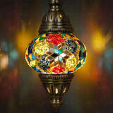 Lit close-up of mosaic glass globe — Multicolor pendant light glowing (ENV DYN2008)