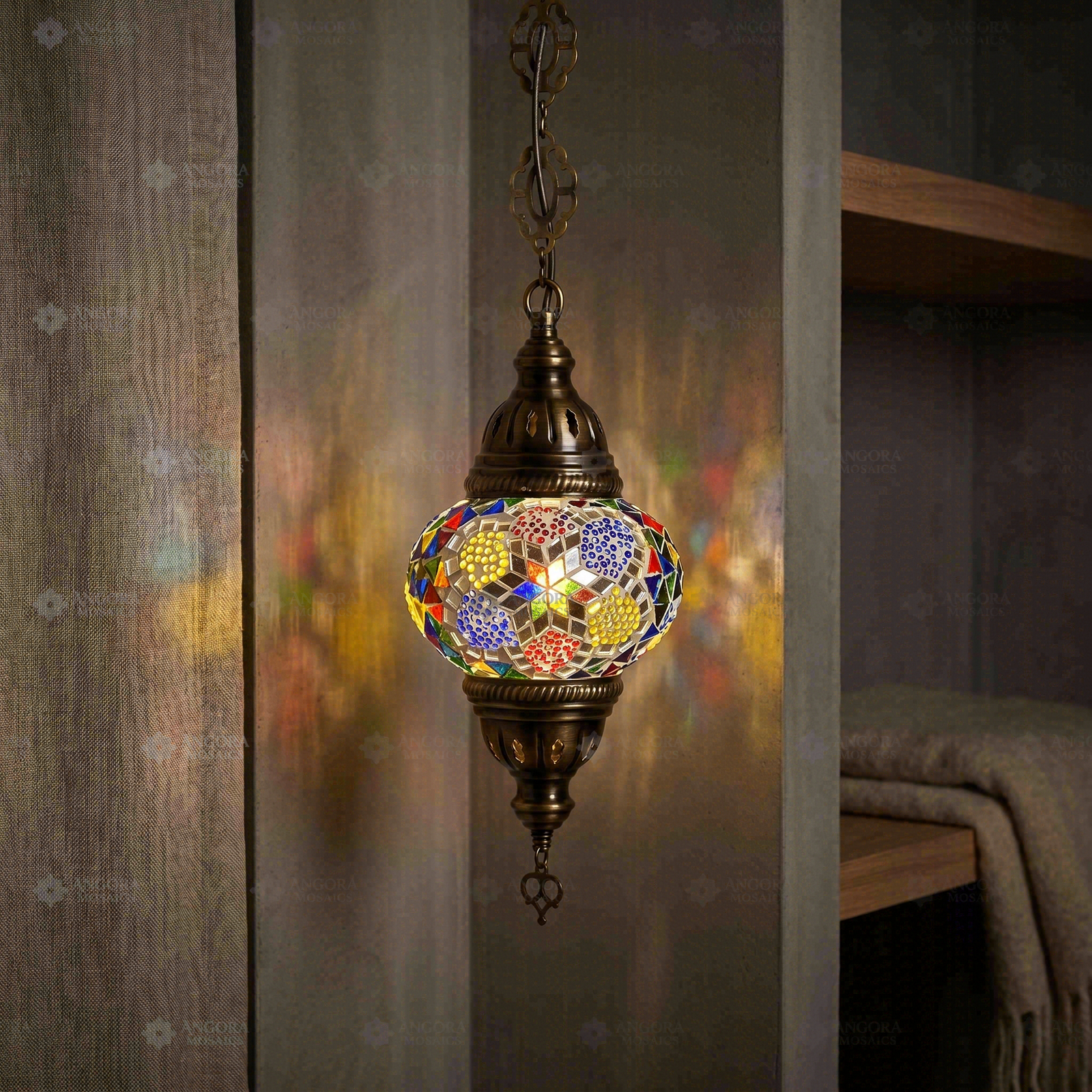 Multicolor multicolor jewel Turkish mosaic pendant light in styled room — handmade Moroccan pendant light (ENV DYN2008)