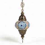 Full view of handmade Cool Tones mixed cool Turkish mosaic pendant light on white background (ENV DYN2010)