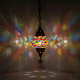 Multicolor Turkish mosaic pendant light illuminated, showing colorful light projection (ENV DYN2012)