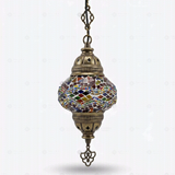 Full view of handmade Multicolor multicolor jewel Turkish mosaic pendant light on white background (ENV DYN2012)