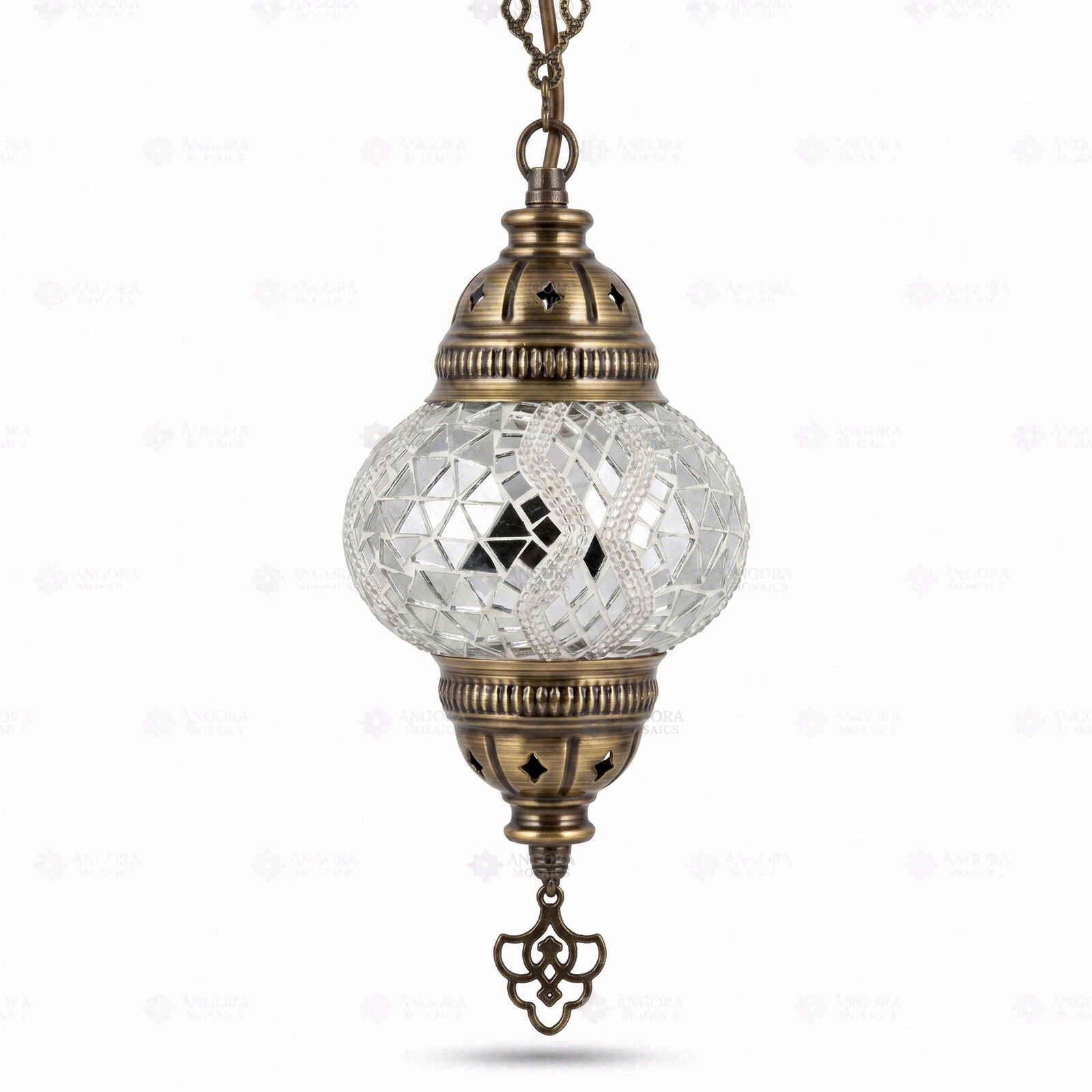 Full view of handmade White white glow Turkish mosaic pendant light on white background (ENV DYN2017)