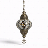 Full view of handmade Clear clear neutral Turkish mosaic pendant light on white background (ENV DYN2025)