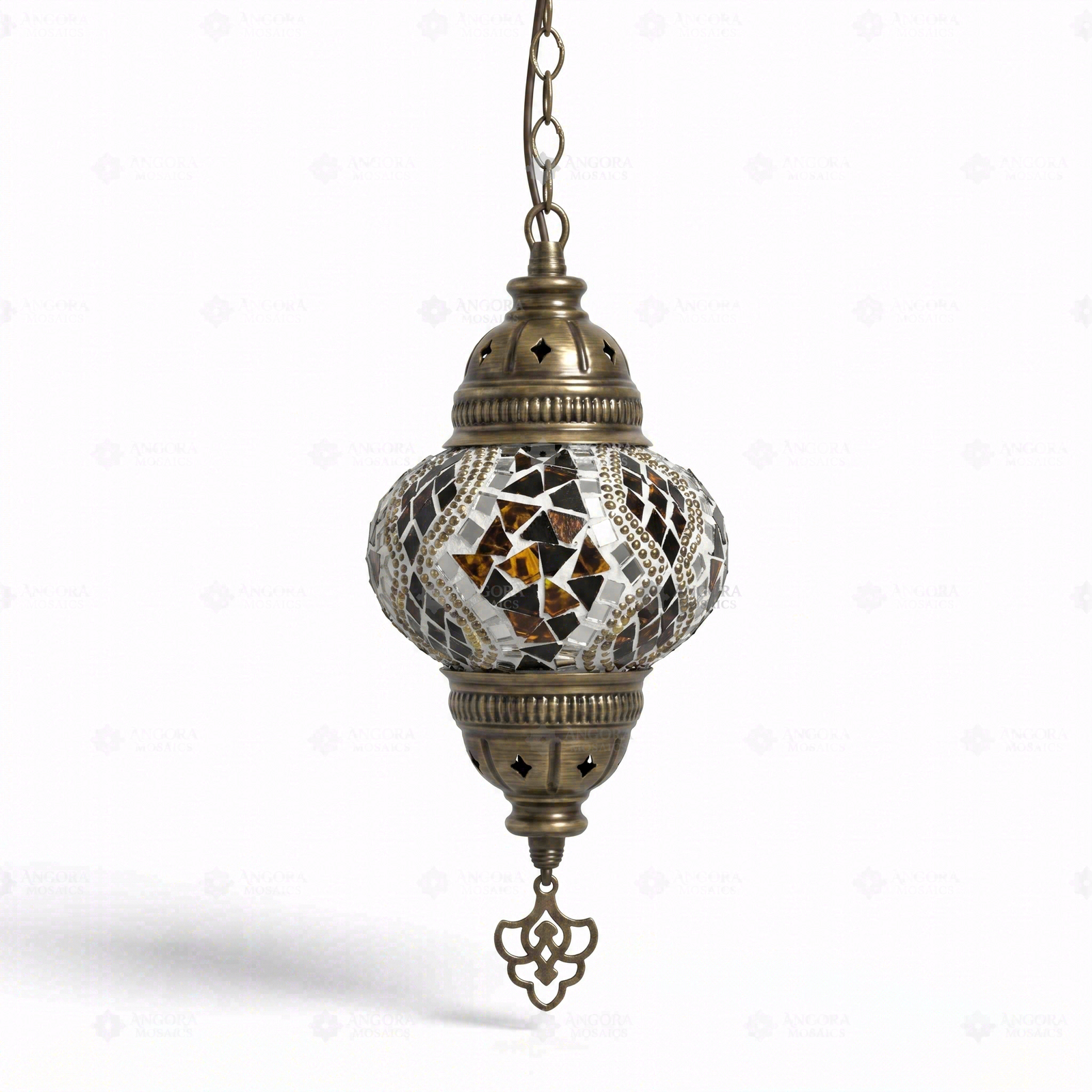 Full view of handmade Clear clear neutral Turkish mosaic pendant light on white background (ENV DYN2025)