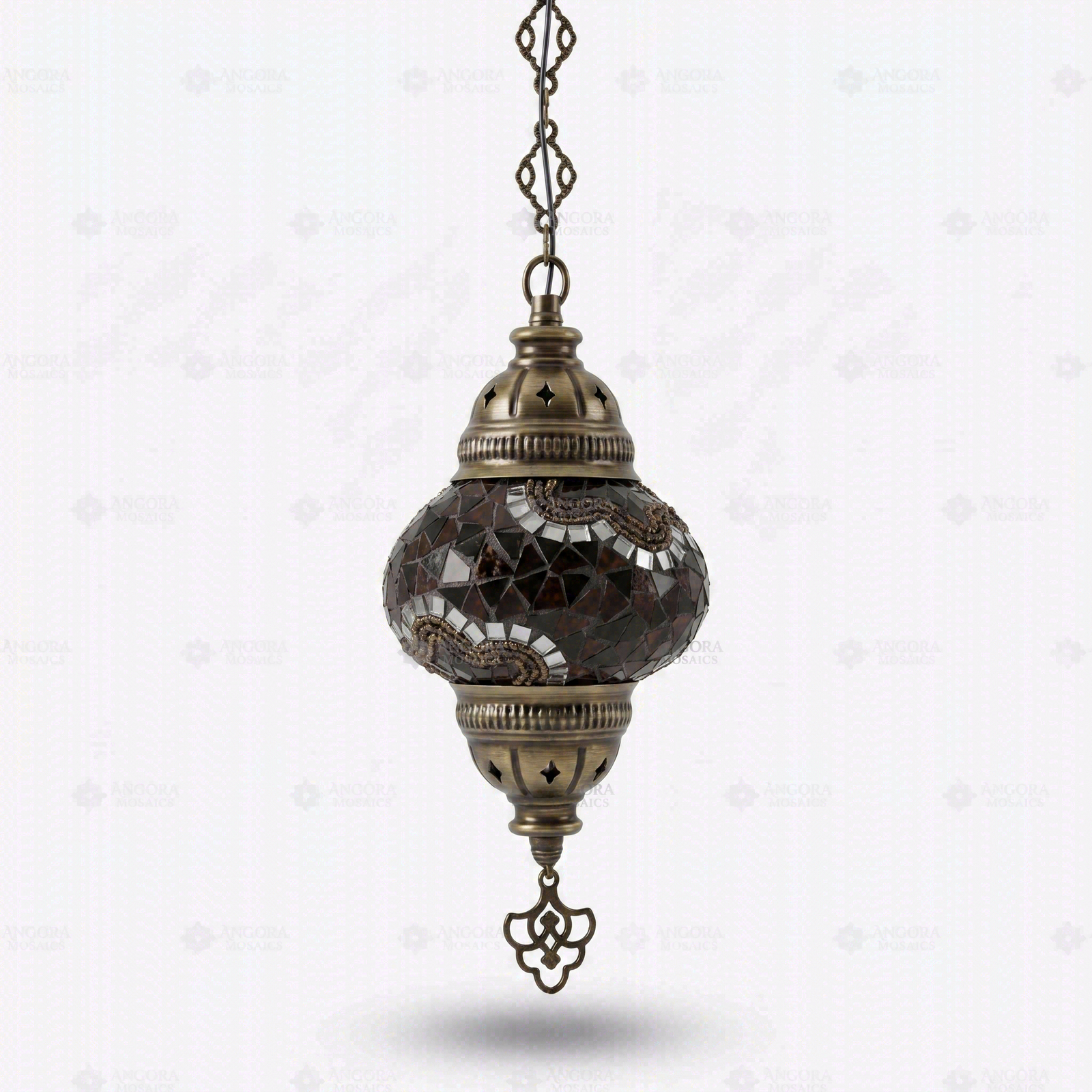 Full view of handmade Amber warm amber Turkish mosaic pendant light on white background (ENV DYN2079)
