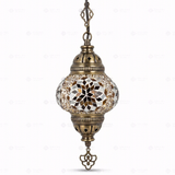 Full view of handmade Amber warm amber Turkish mosaic pendant light on white background (ENV DYN2118)