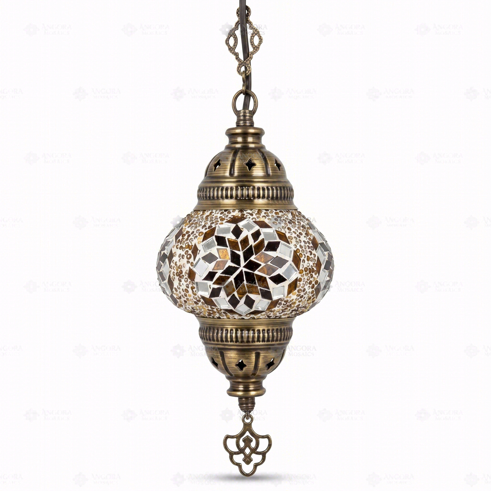 Full view of handmade Amber warm amber Turkish mosaic pendant light on white background (ENV DYN2118)