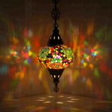 Multicolor Turkish mosaic pendant light illuminated, showing colorful light projection (ENV DYN3001)