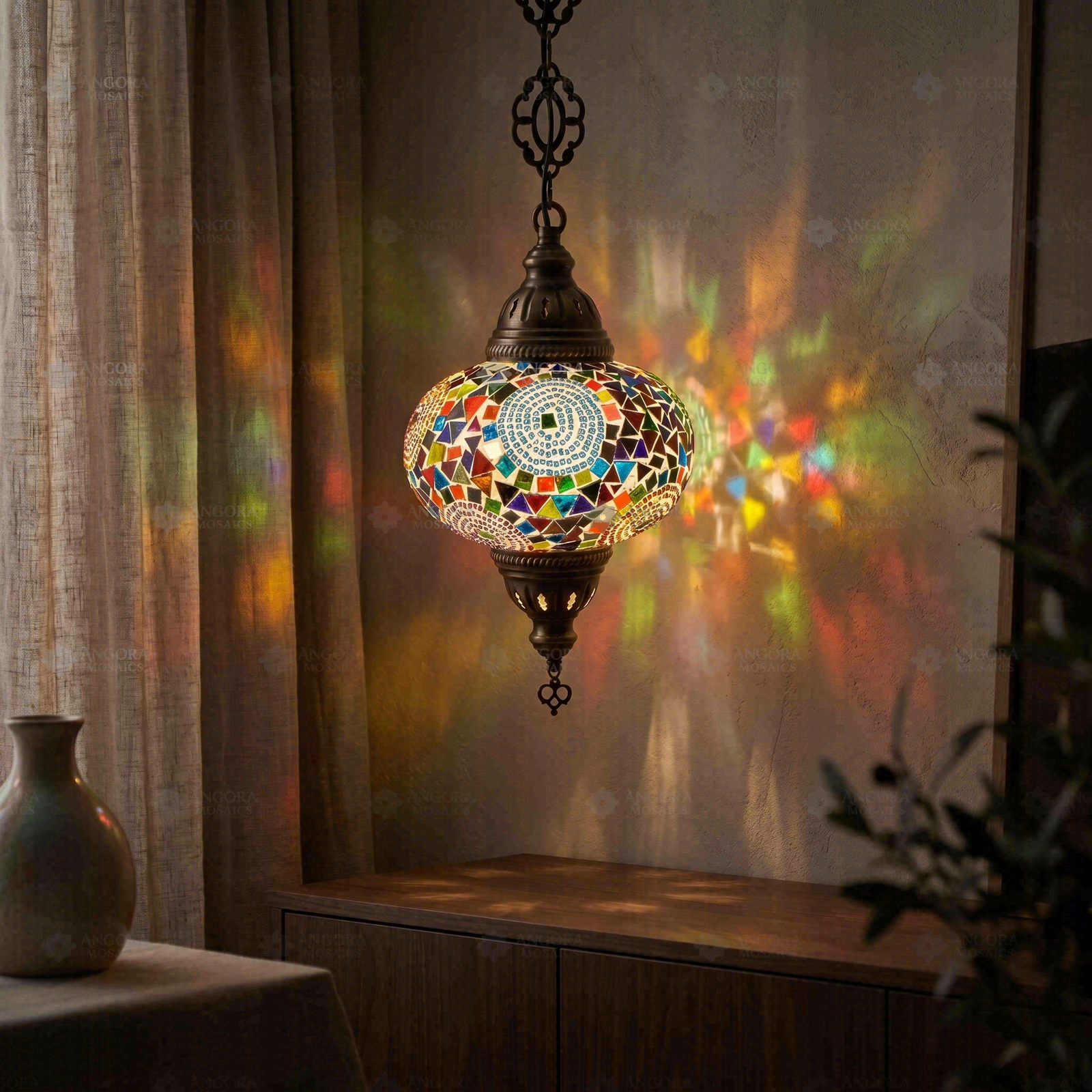 Multicolor multicolor jewel Turkish mosaic pendant light in styled room — handmade Moroccan pendant light (ENV DYN3001)