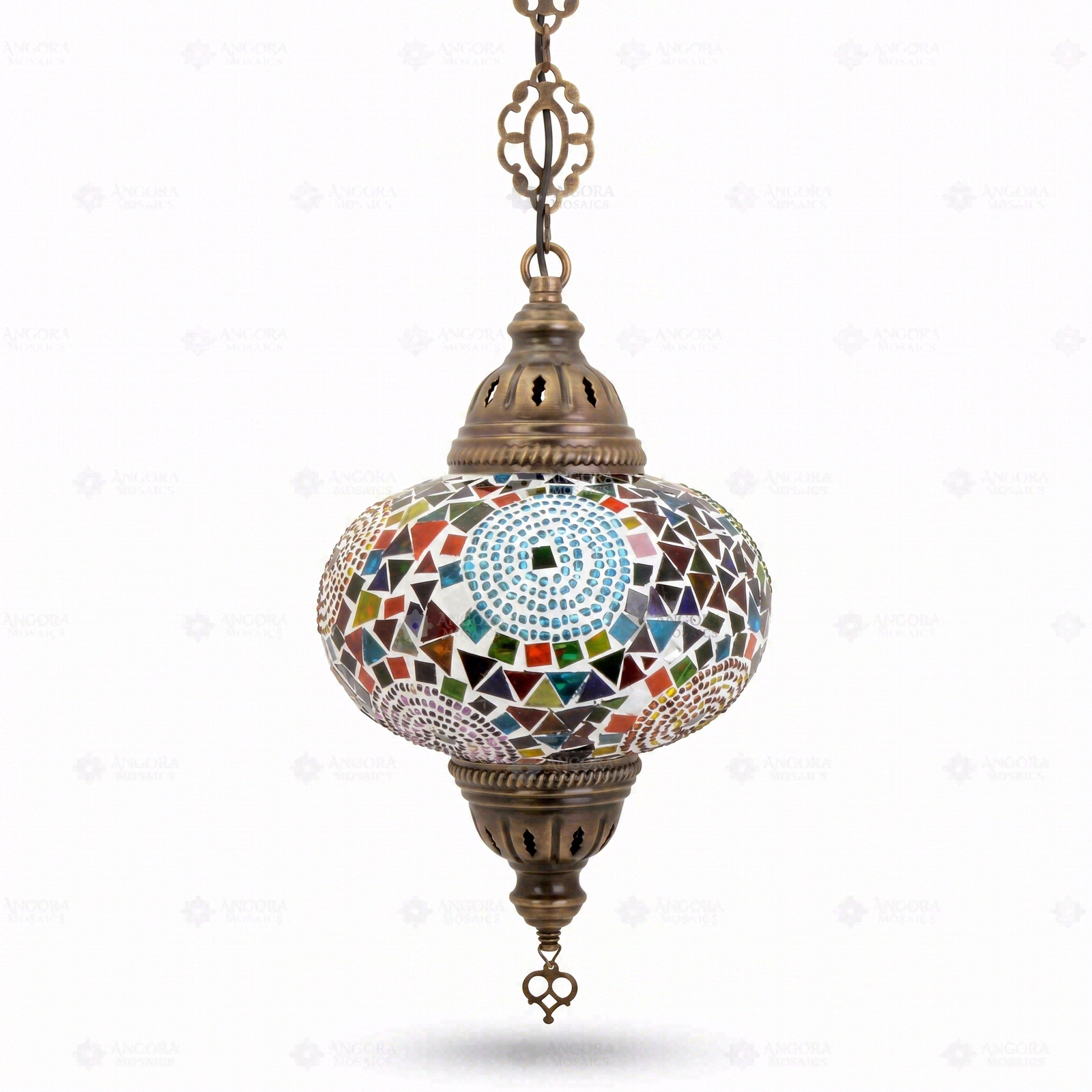 Full view of handmade Multicolor multicolor jewel Turkish mosaic pendant light on white background (ENV DYN3001)