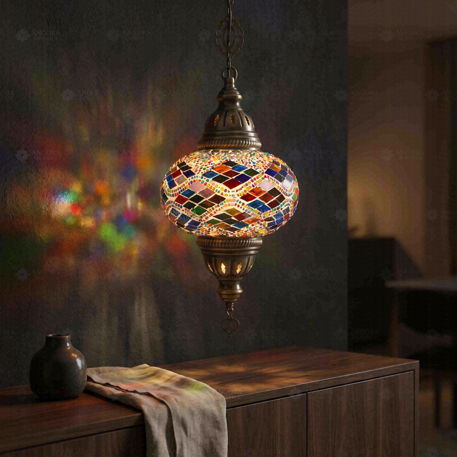 Multicolor multicolor jewel Turkish mosaic pendant light in styled room — handmade Moroccan pendant light (ENV DYN3002)