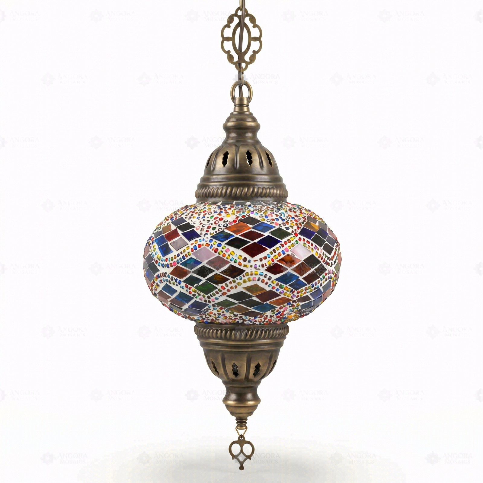 Full view of handmade Multicolor multicolor jewel Turkish mosaic pendant light on white background (ENV DYN3002)