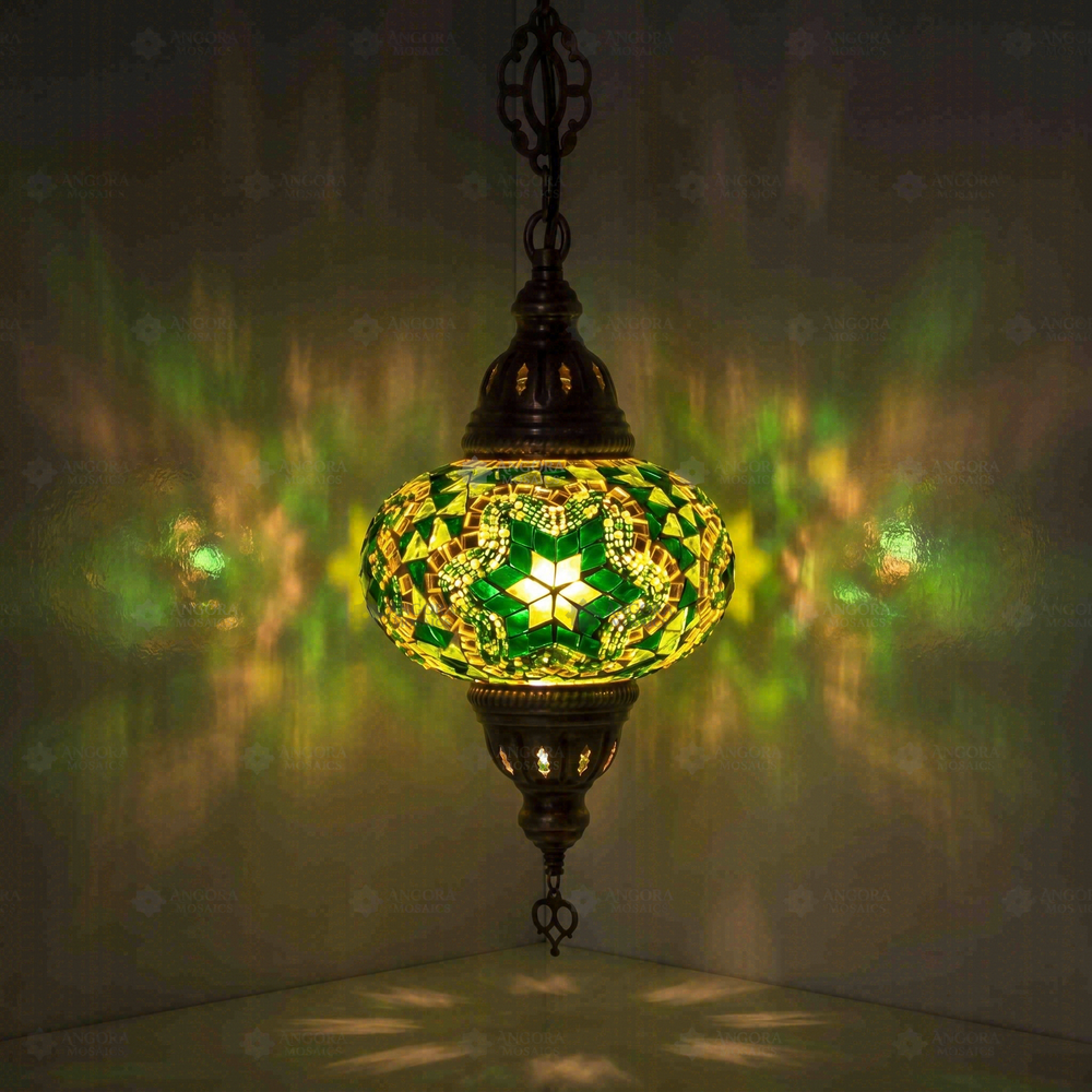 Emerald Green Pendant Lamp, glowing in a dark room