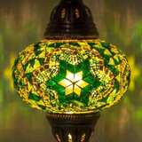 Lit close-up of mosaic glass globe — Green pendant light glowing (ENV DYN3003)