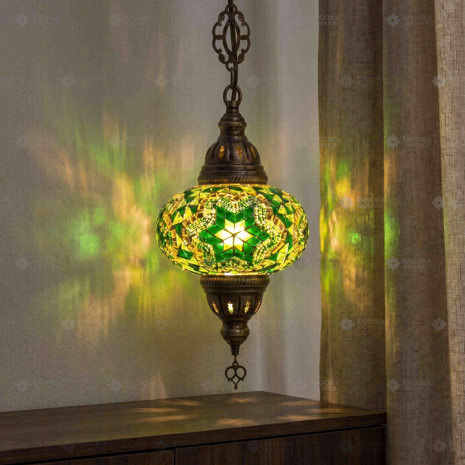 Green green jewel Turkish mosaic pendant light in styled room — handmade Moroccan pendant light (ENV DYN3003)