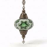 Full view of handmade Green green jewel Turkish mosaic pendant light on white background (ENV DYN3003)